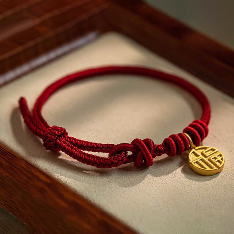 Wear FengShui Handmade Eight Thread Peace Knot Fu Character Charm Luck Happiness Red Rope Bracelet