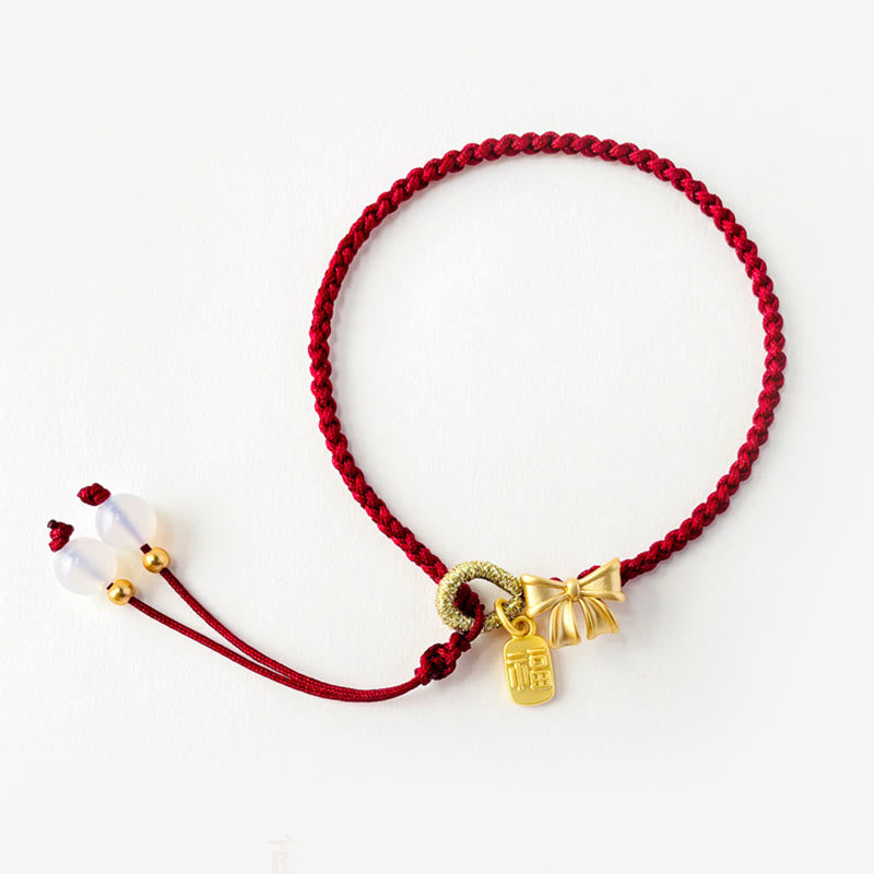 Wear FengShui Handmade Peach Blossom Rosette Bow Knot Fu Character Charm Luck Fortune Red Rope Bracelet