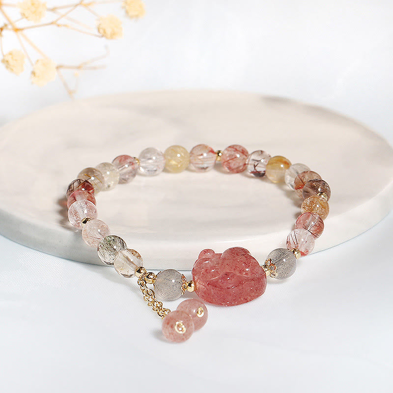 Wear FengShui Natural Strawberry Quartz Cat Paw Claw Colorful Rutilated Quartz Moonstone Love Bracelet