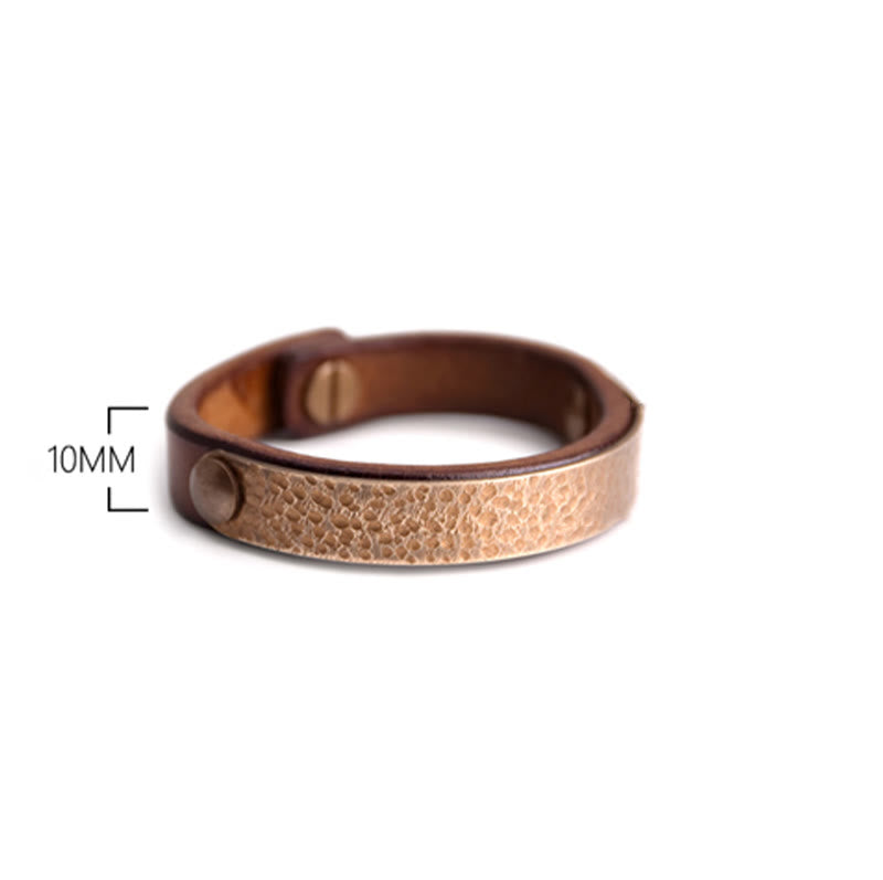 Wear FengShui Vintage Handmade Texture Copper Brass Leather Wealth Bracelet Bangle