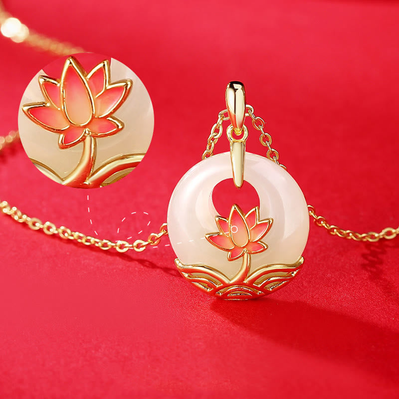 Wear FengShui 925 Sterling Silver Hetian White Jade Lotus Flower Blessing Necklace Pendant