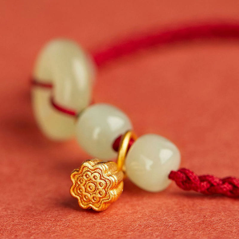 Wear FengShui Round Peace Buckle Jade Lotus Happiness Abundance Wealth String Bracelet