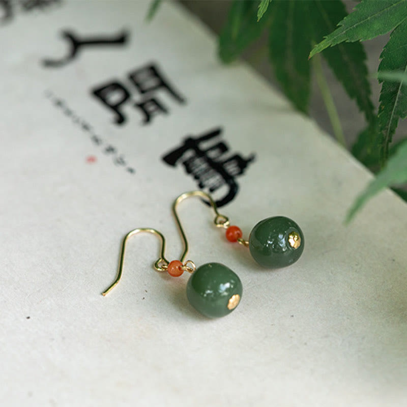 Wear FengShui 925 Sterling Silver Plated 14k Gold Hetian Jade Red Agate Luck Drop Dangle Earrings