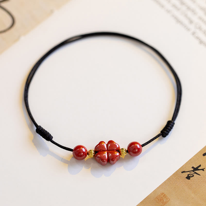 Wear FengShui Four Leaf Clover Cinnabar Blessing Calm String Bracelet Anklet