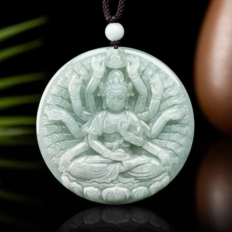 Wear FengShui Thousand-Hand Kwan Yin Avalokitesvara Jade Blessing String Necklace Pendant