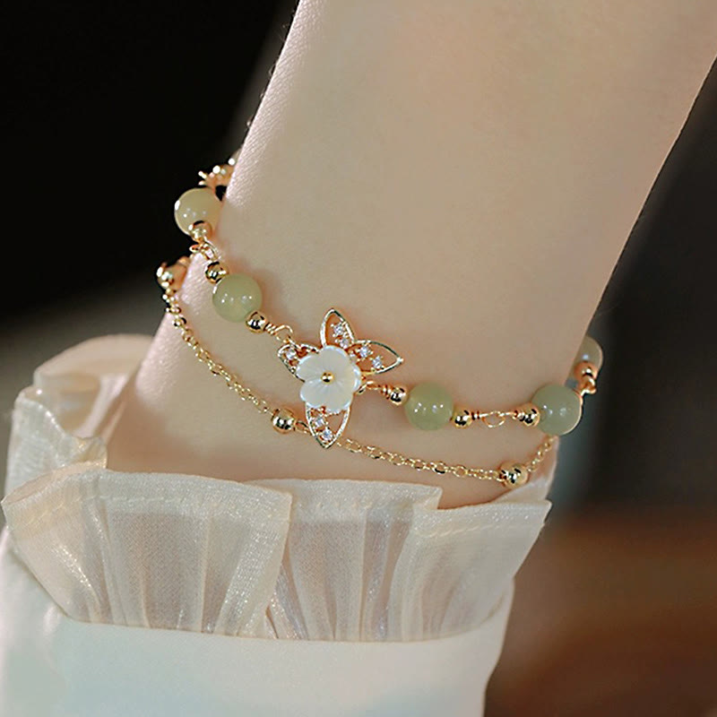 Wear FengShui 14K Gold Plated Jade Butterfly Tridacna Stone Flower Double Layer Luck Bracelet