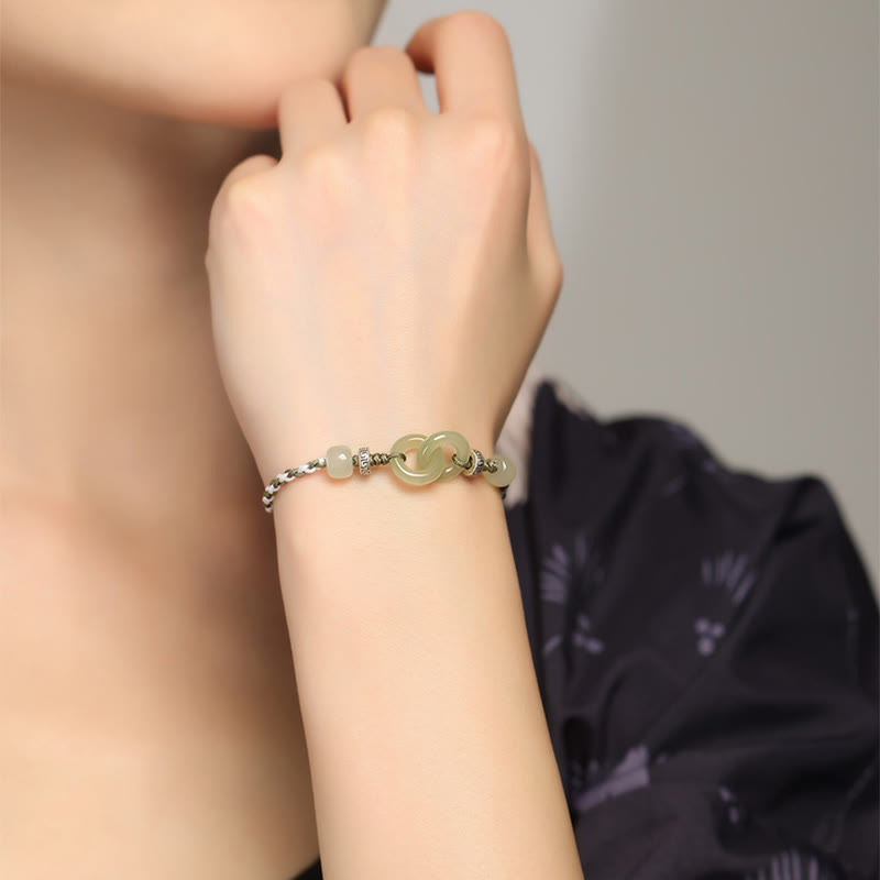 Wear FengShui Natural Hetian Jade Peace Buckle Luck Braided Bracelet