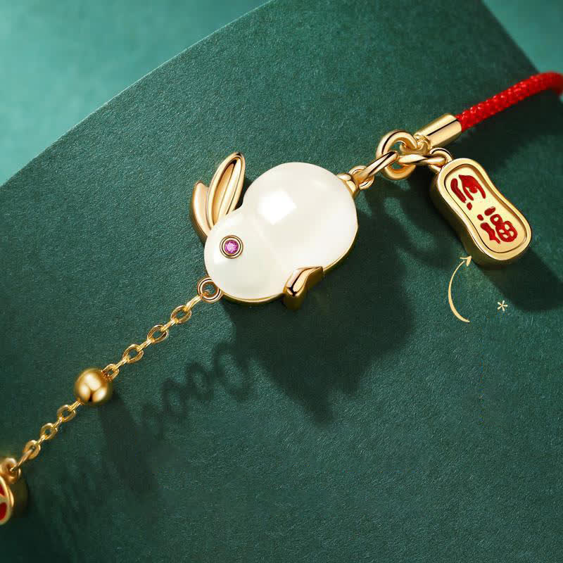 Wear FengShui Year of the Rabbit White Jade Happiness Red String Chain Bracelet