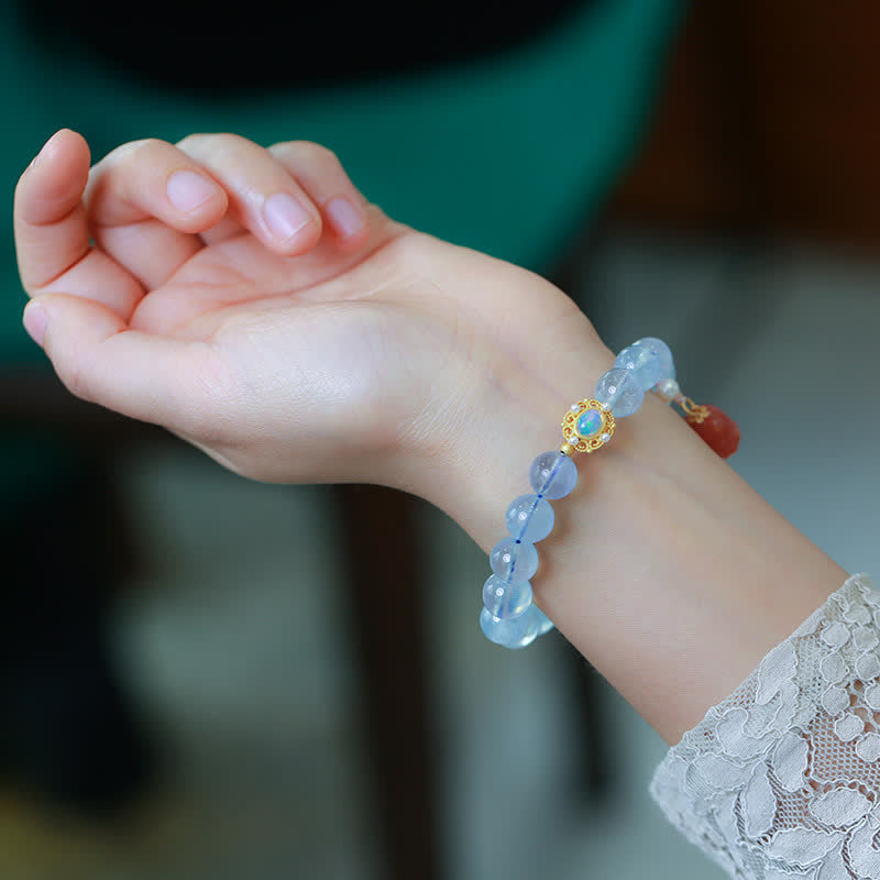 Wear FengShui Natural Aquamarine Red Agate Pearl Beads Healing Charm Bracelet