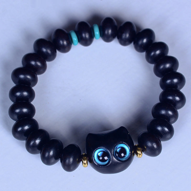 Wear FengShui Ebony Wood Liuli Glass Lovely Cat Peace Balance Bracelet