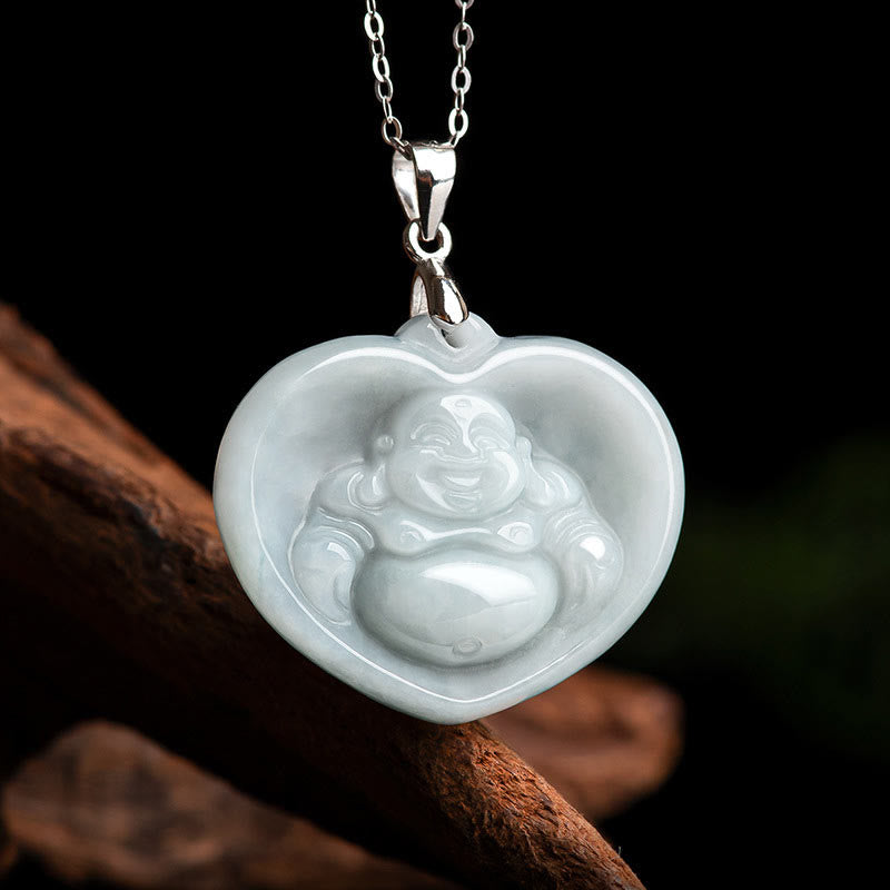 Wear FengShui Laughing Buddha White Jade Luck Blessing Titanium Steel Chain Necklace Pendant