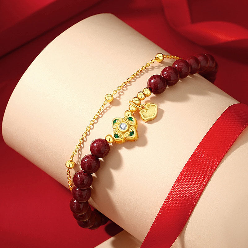 Wear FengShui 925 Sterling Silver Natural Cinnabar Four Leaf Clover Flower Blessing Chain Bracelet