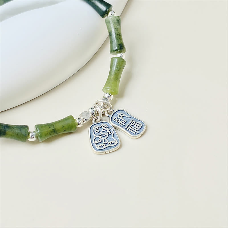 Wear FengShui 925 Sterling Silver Bamboo Jade Lucky Cat Fu Character Luck Abundance Bracelet