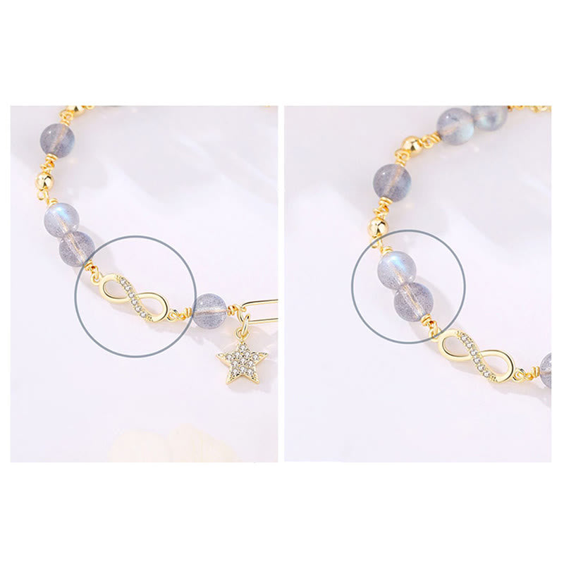 Wear FengShui 14K Gold Plated Natural Strawberry Quartz Moonstone Möbius Loop Eternal Love Star Positive Bracelet