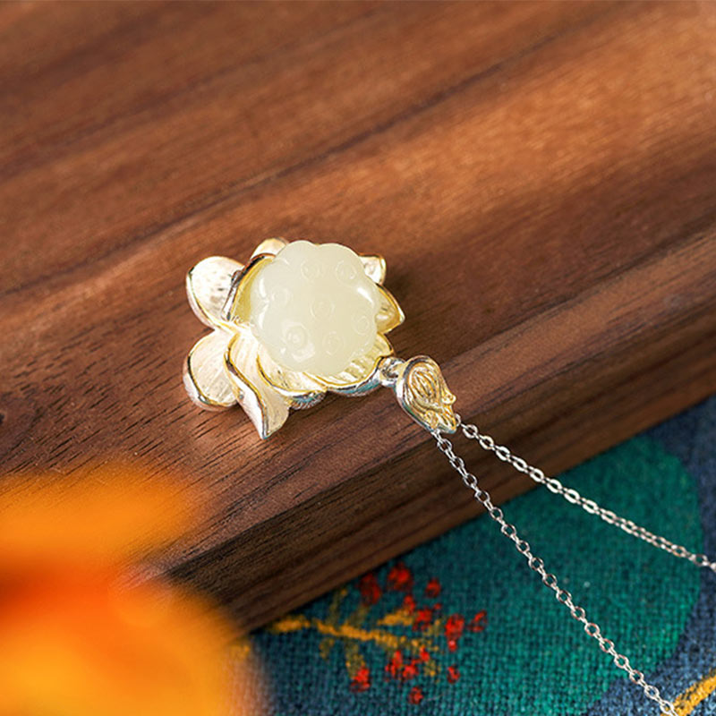 Wear FengShui White Jade Lotus Flower Happiness Necklace
