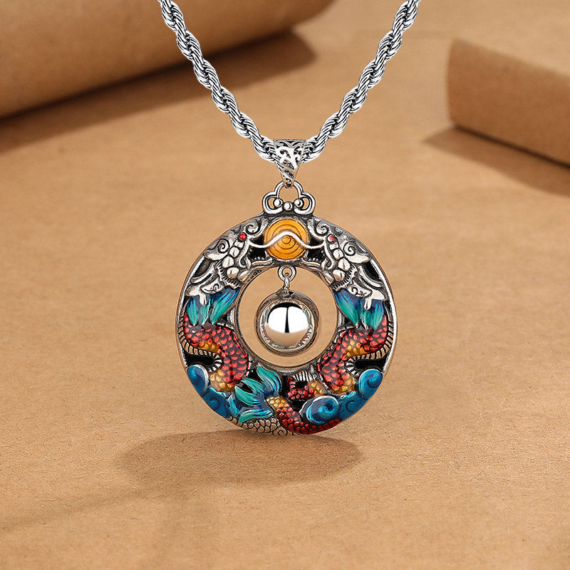 Wear FengShui Year of the Dragon Colorful Double Dragons Playing Bead Copper Protection Necklace Pendant