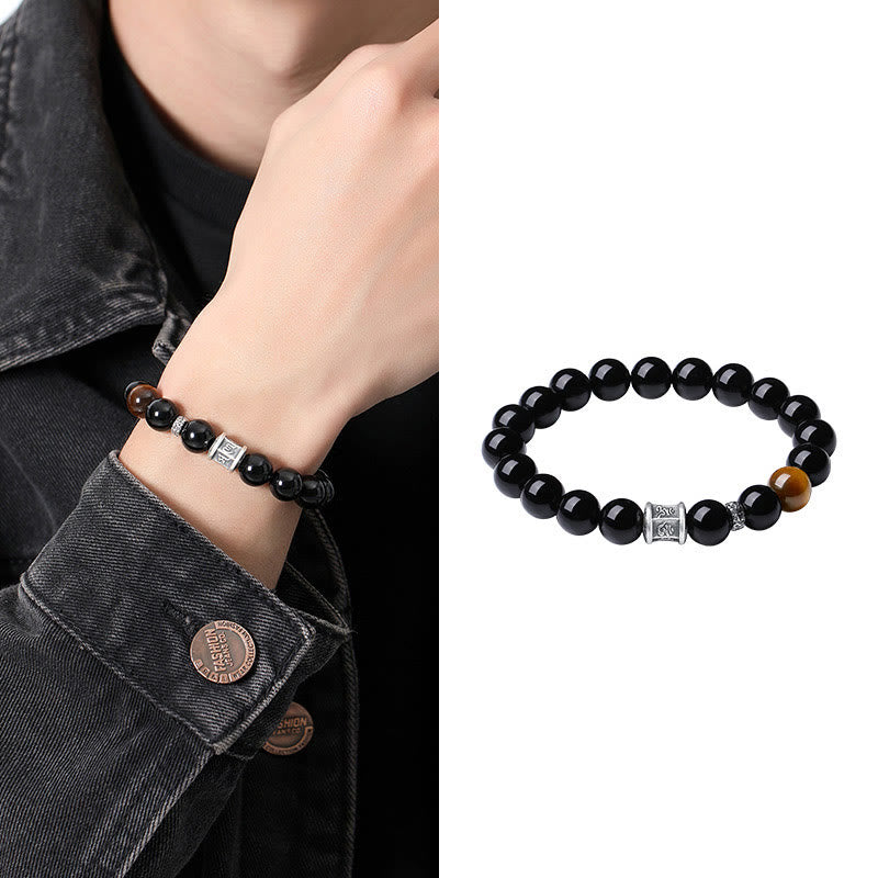 Wear FengShui 999 Sterling Silver Black Obsidian Tiger Eye Om Mani Padme Hum Fulfillment Bracelet