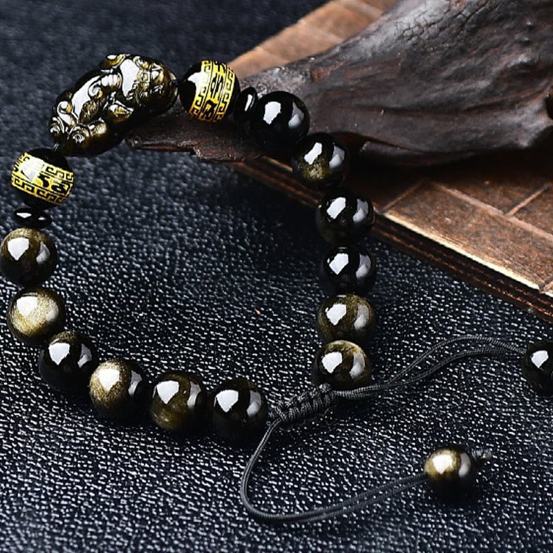 Wear FengShui Natural Gold Sheen Obsidian PiXiu Om Mani Padme Hum Wealth Braided Bracelet