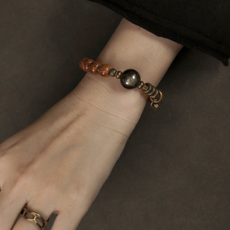Wear FengShui Kuka Seed Tiger Eye Gold Sheen Obsidian Brass Copper Wealth Luck Bracelet
