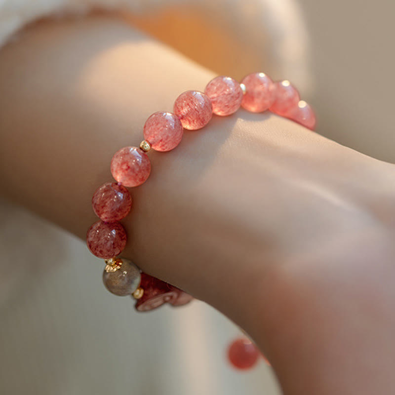 Wear FengShui Natural Strawberry Quartz Moonstone PiXiu Love Healing Bracelet