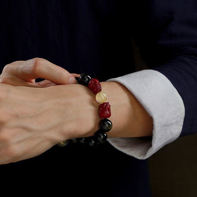 Wear FengShui Gold Sheen Obsidian PiXiu Cinnabar Om Mani Padme Hum Protection Bracelet