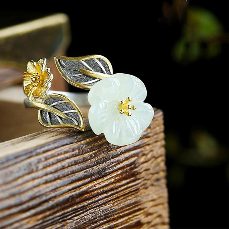 Wear FengShui 925 Silver Plated Copper White Jade Plum Flower Leaf Luck Ring