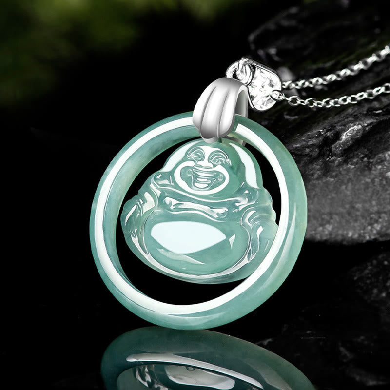 Wear FengShui Natural Jade Round Laughing Buddha Abundance Titanium Steel Chain Necklace Pendant