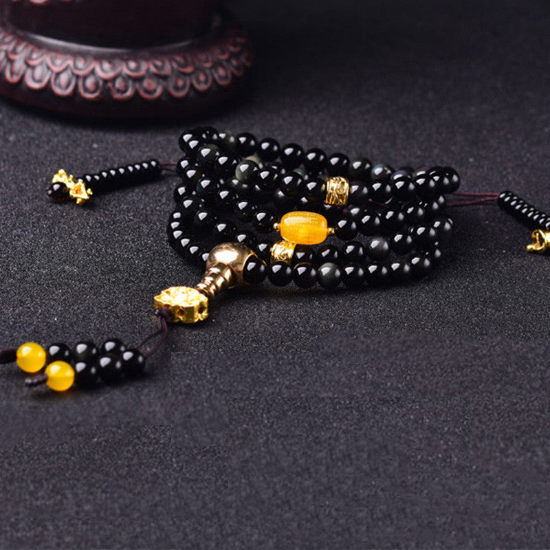 Wear FengShui 108 Beads Natural Black Obsidian Lotus Fulfilment Mala Bracelet