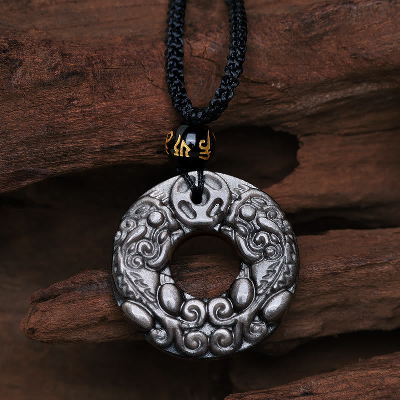 Wear FengShui Natural Silver Sheen Obsidian Double PiXiu Copper Coin Peace Buckle Protection Necklace Pendant