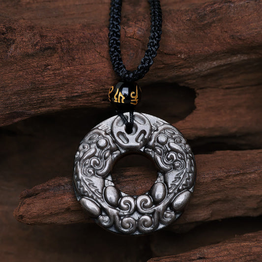 Wear FengShui Natural Silver Sheen Obsidian Double PiXiu Copper Coin Peace Buckle Protection Necklace Pendant