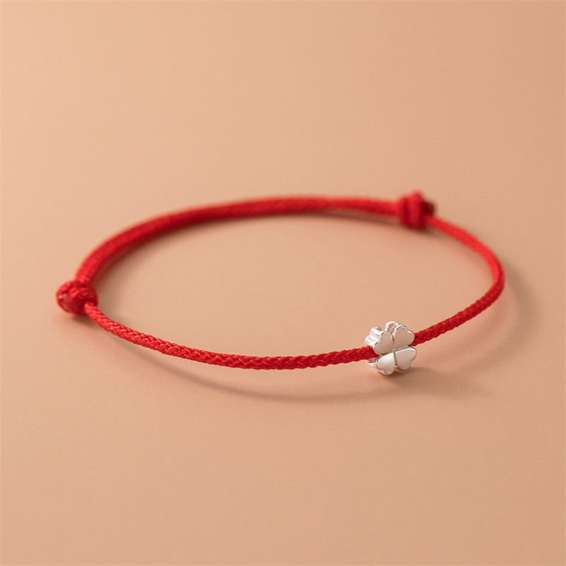 Wear FengShui 925 Sterling Silver Four Leaf Clover Red Rope Bracelet