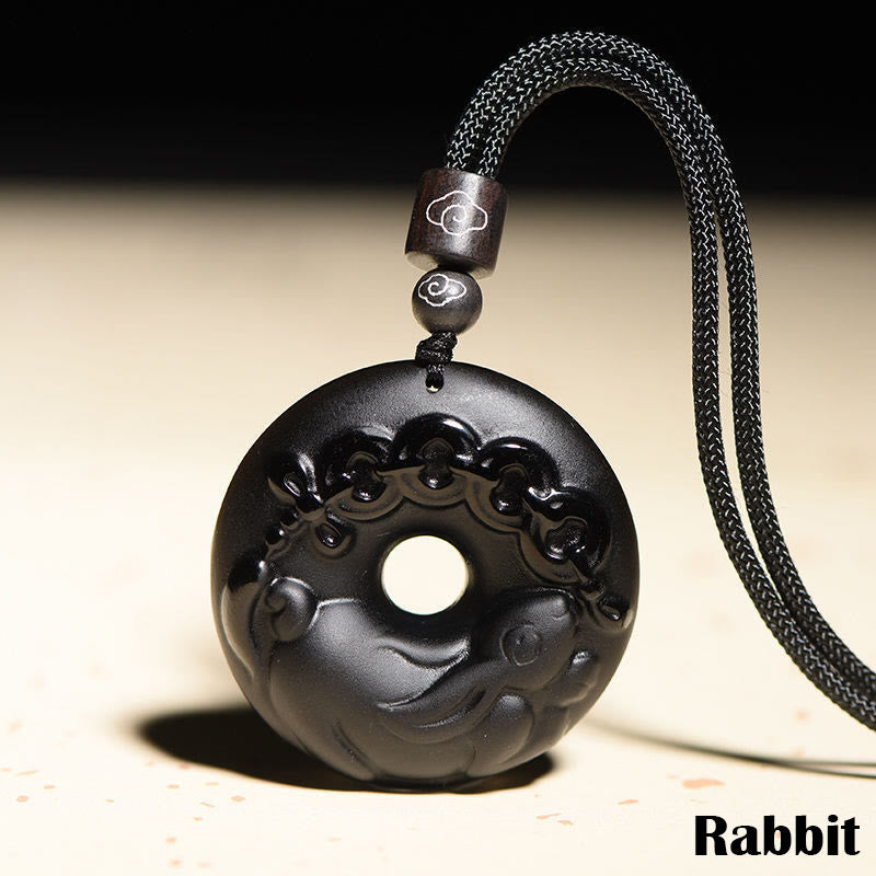 Wear FengShui Chinese Zodiac Natural Black Obsidian Peace Buckle Strength Necklace Pendant