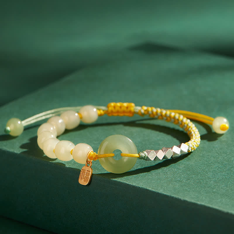 Wear FengShui 925 Sterling Silver Hetian Jade Peace Buckle Beaded Luck Happiness Charm Bracelet