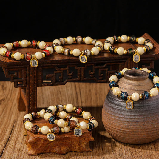 Wear FengShui Tibetan Zakiram Goddess of Wealth Charm Liuli Glass Incense Ash Porcelain Bead Protection Bracelet