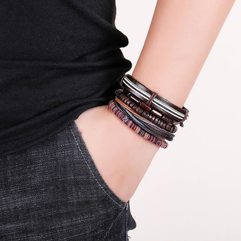 Wear FengShui Wrap Hemp Cords Wood Beads Leather Bracelet