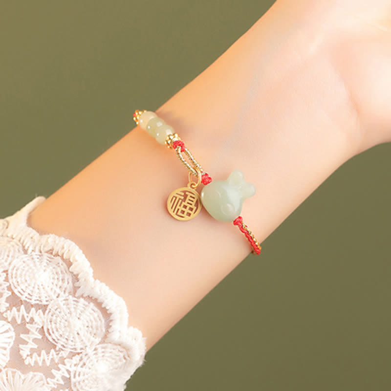 Wear FengShui 925 Sterling Silver Year of the Rabbit Hetian Jade Happiness Luck Red String Bracelet