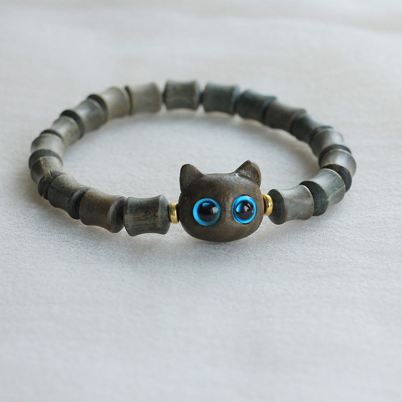 Wear FengShui Ebony Wood Green Sandalwood Cute Cat Peace Bracelet
