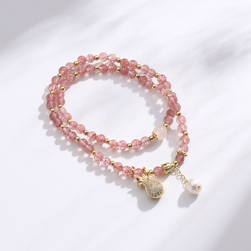 Wear FengShui Strawberry Quartz Money Bag Positive Charm Double Wrap Bracelet