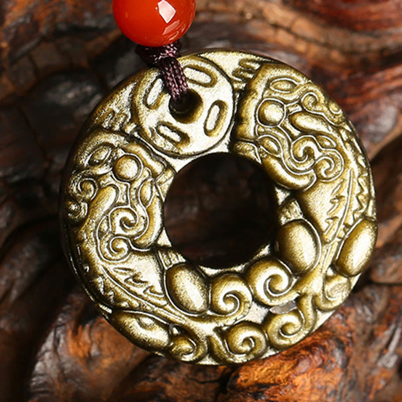 Wear FengShui Gold Sheen Obsidian Peace Buckle Pixiu Copper Coin Wealth Necklace Pendant