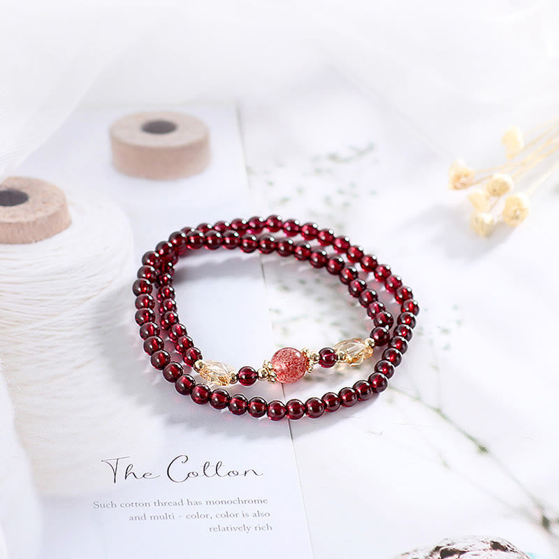 Wear FengShui 14K Gold Plated Natural Garnet Strawberry Quartz Butterfly Protection Double Wrap Bracelet