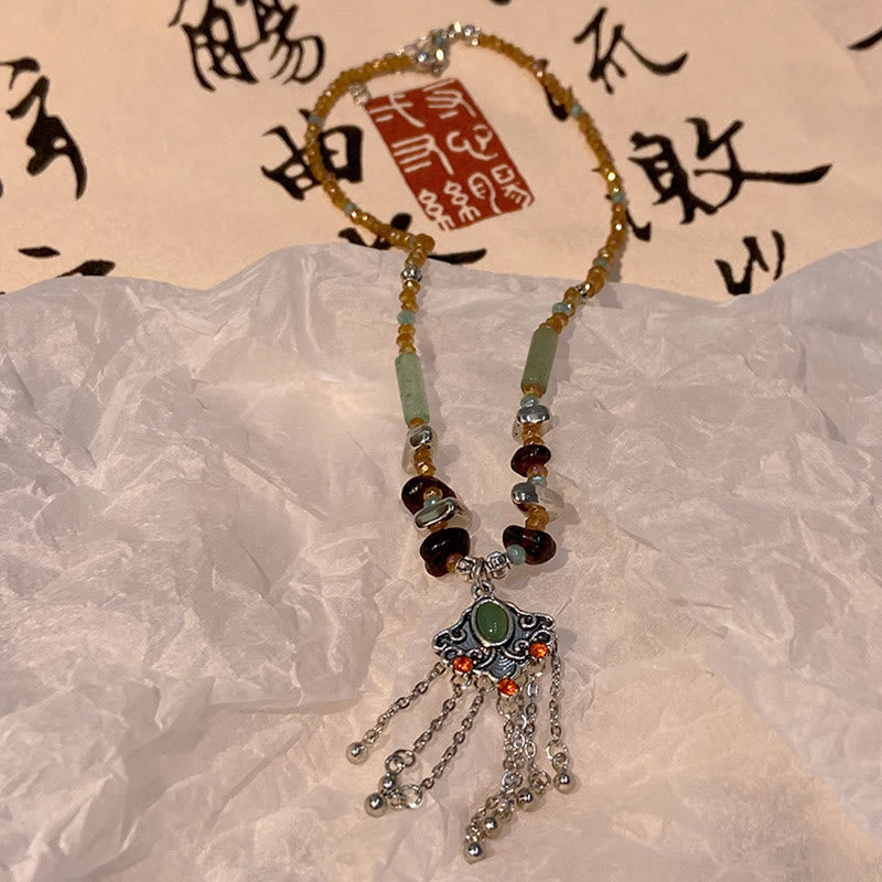 Wear FengShui Tibetan Crystal Stone Copper Luck Tassel Necklace Pendant