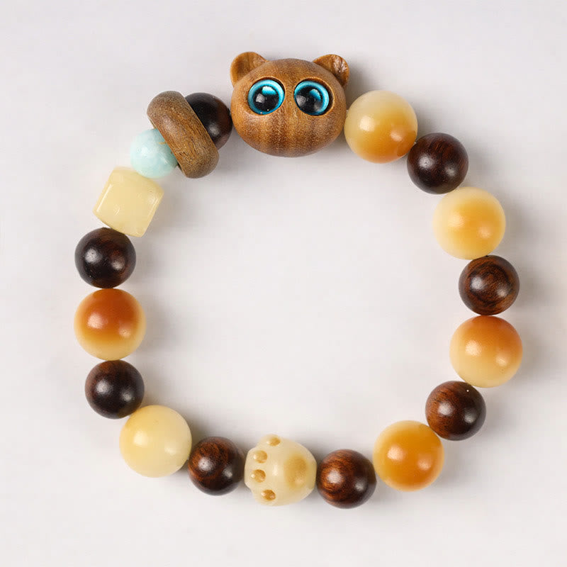 Wear FengShui Natural Bodhi Seed Sandalwood Lucky Cute Cat Head Paw Claw Peace Bracelet