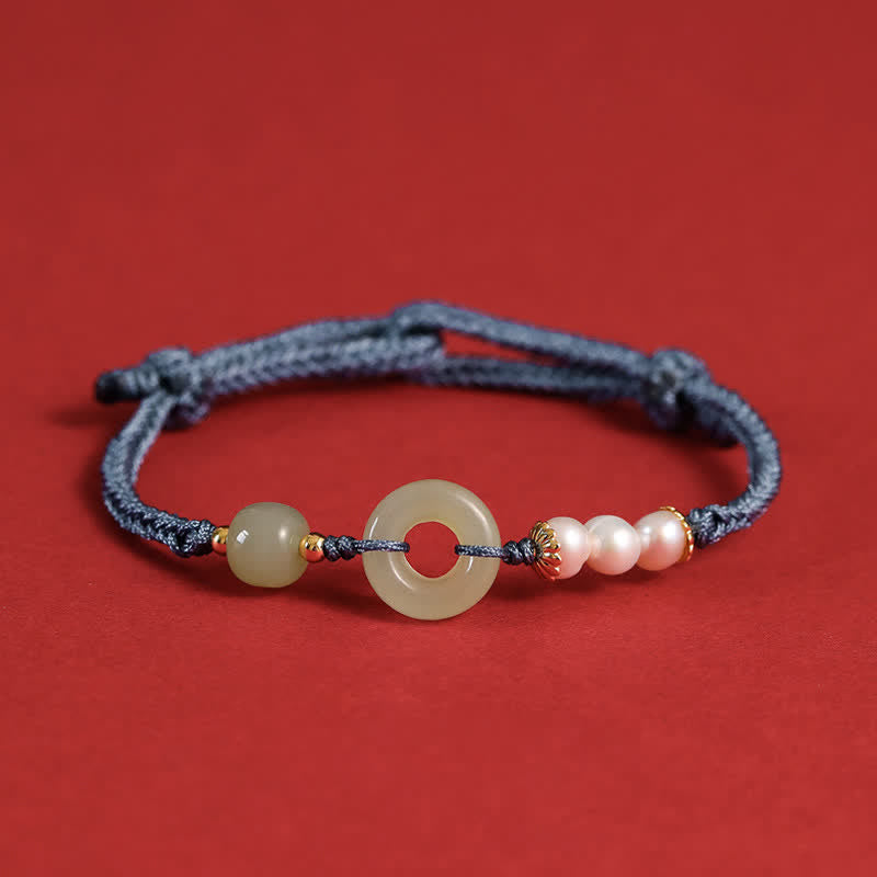 Wear FengShui Natural Hetian Jade Pearl Peace Buckle Luck Bracelet