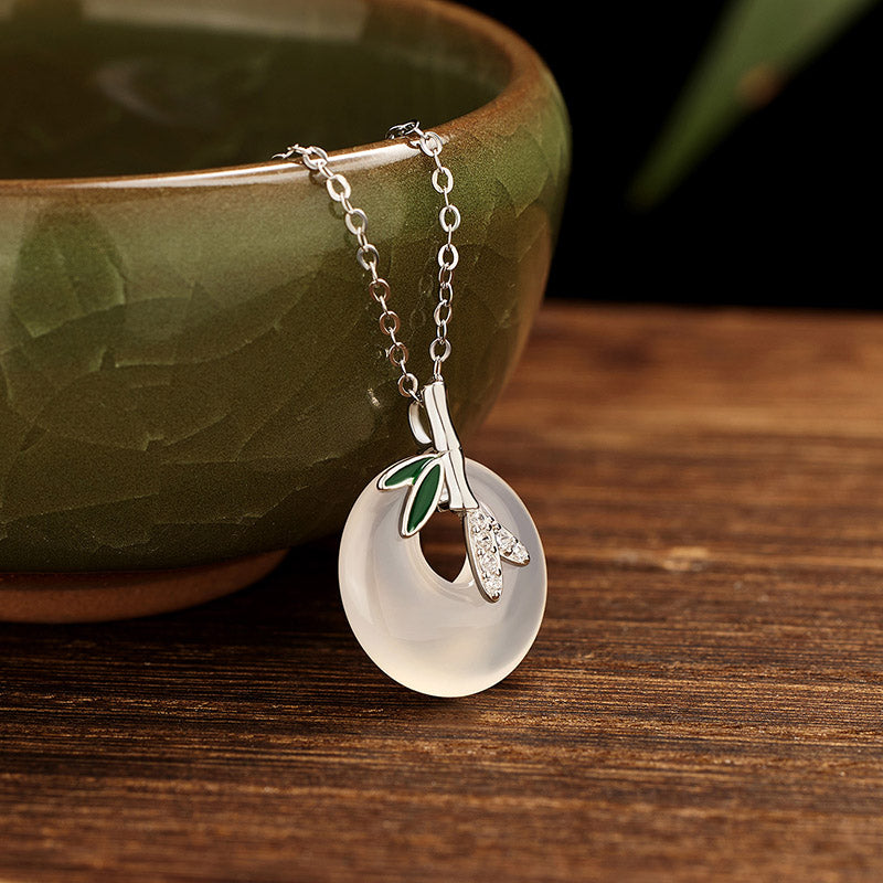 Wear FengShui 925 Sterling Silver Natural Chalcedony Bamboo Leaf Peace Buckle Positive Necklace Pendant