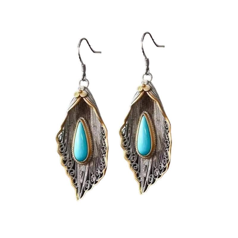 Wear FengShui 925 Sterling Silver Turquoise Bodhi Leaf Pattern Protection Drop Dangle Earrings