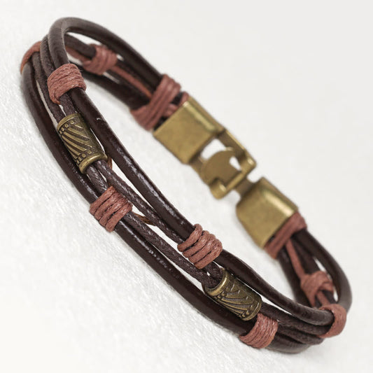 Wear FengShui Vintage Leather Wrist Band Brown Rope Layered Bracelet Bangle