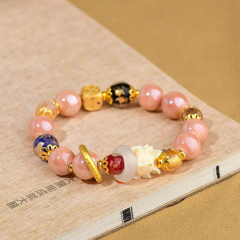 Wear FengShui Tibetan Incense Ash Liuli Glass Bead Luck Protection Nine Tailed Fox Bracelet