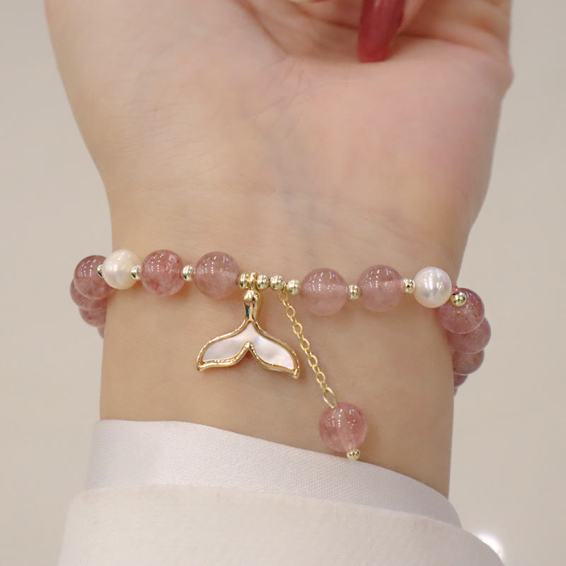 Wear FengShui Strawberry Quartz Pearl Elk Smiley Face Fishtail Fu Character Charm Healing Bracelet