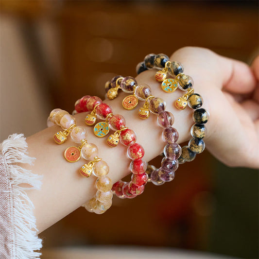 Wear FengShui Gold Swallowing Beast Copper Coin Good Luck Charm Liuli Glass Bead Fortune Bracelet