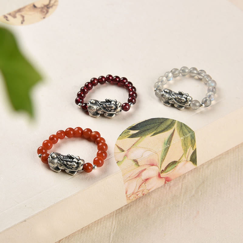 Wear FengShui 925 Sterling Silver Natural Garnet Moonstone Red Agate PiXiu Wealth Ring